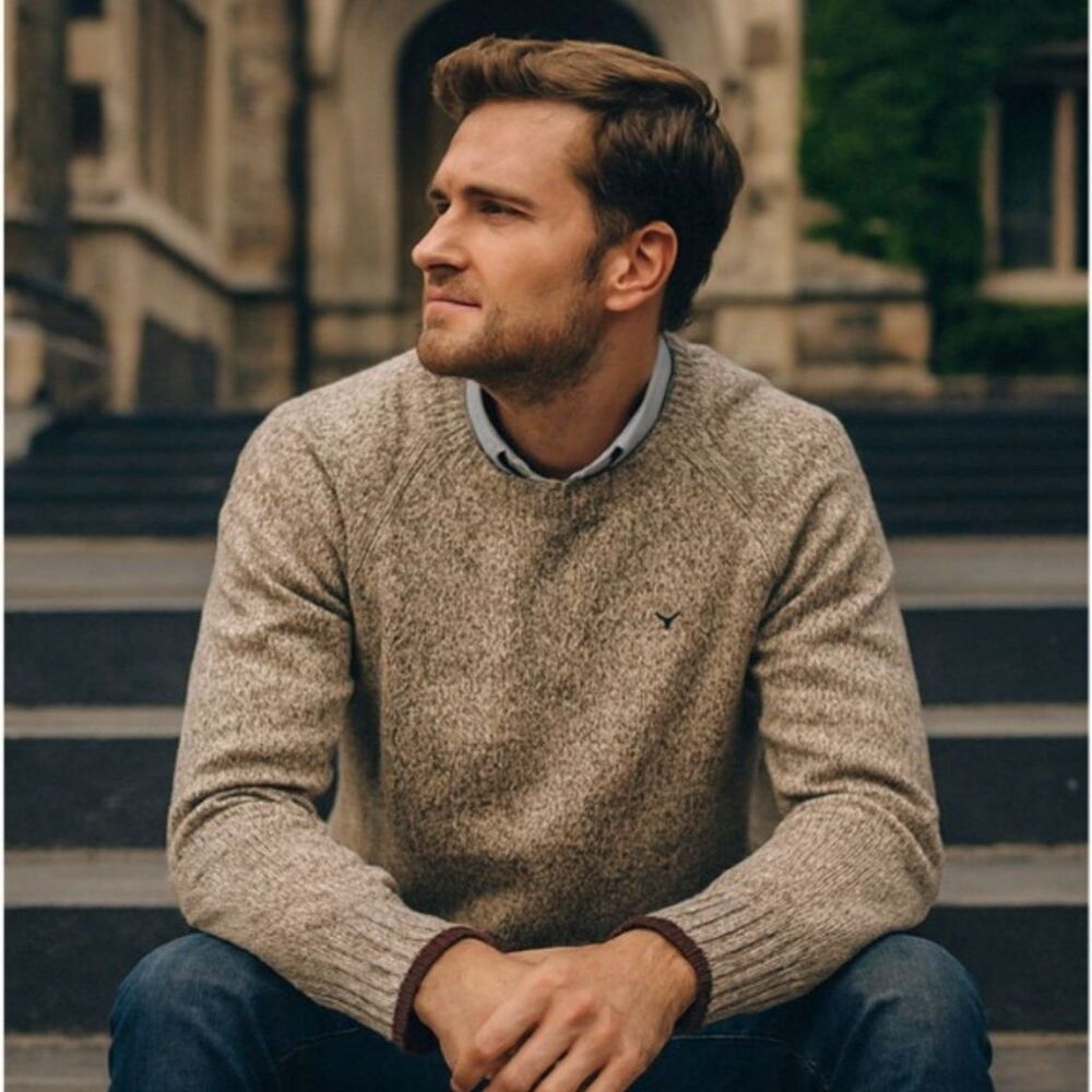 American Eagle Ragg Wool Sweater Mens Sz M Oatmeal Marl Knit Crewneck Ivy League